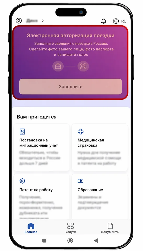 Электрондук сапарга уруксат берүү бөлүмү бар ruID башкы экраны